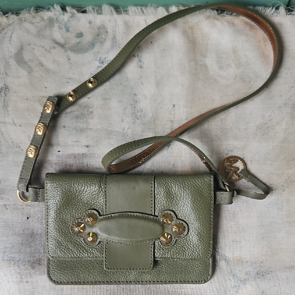 Michael Kors Olive Green Pebbled Leather Crossbody Belt Bag with Gold Hardware